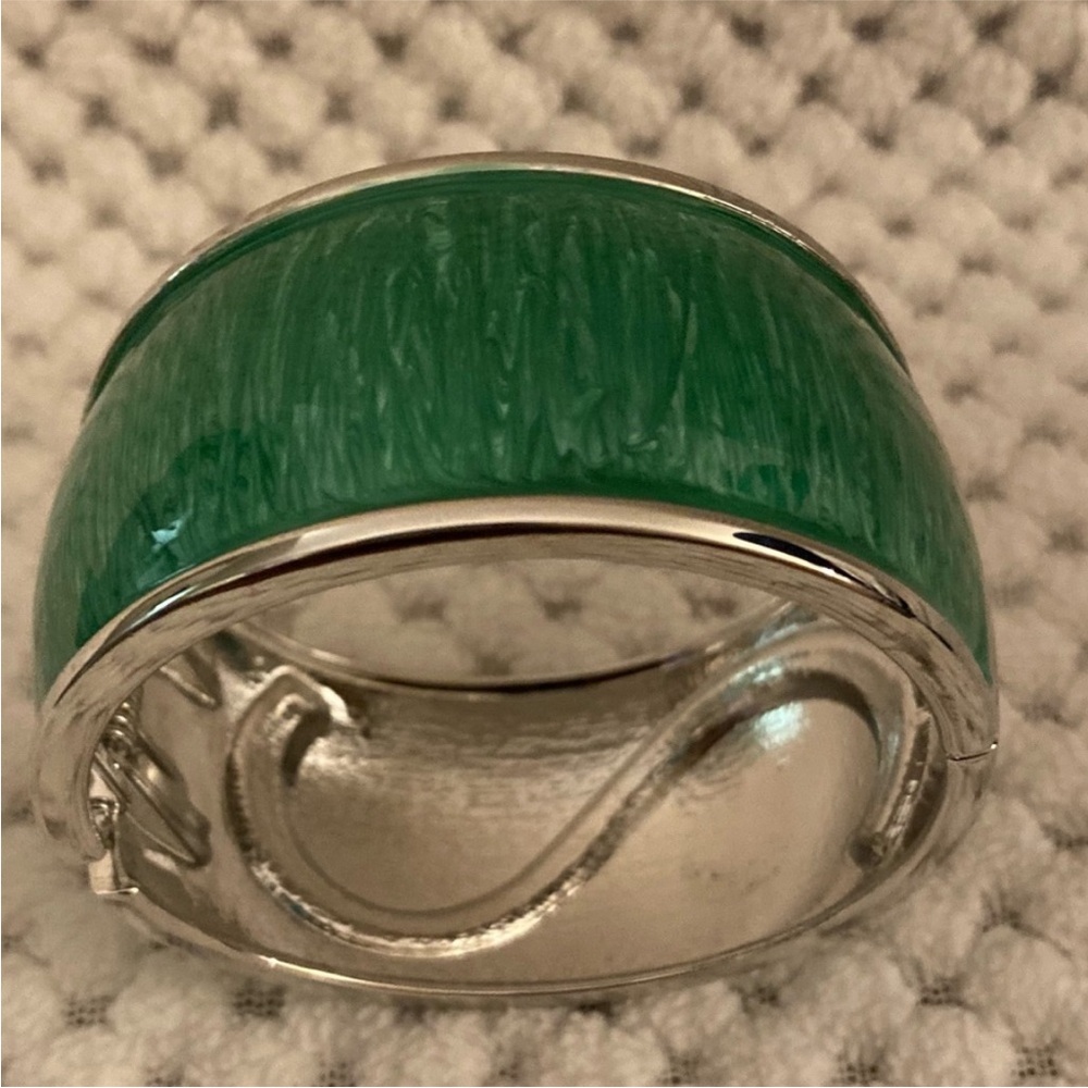 Silvertone Green Enameled Bangle Bracelet with White Austrian Crystals - Picture 7 of 12